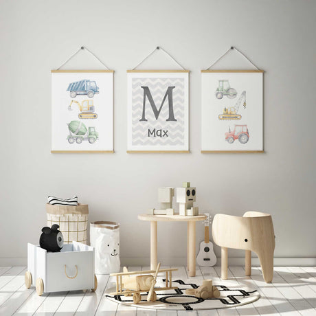 Customised construction vehicle nursery artwork set of 3 with name print