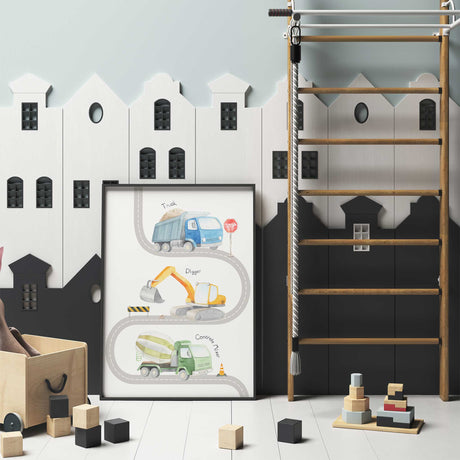 Construction playroom wall art print with watercolour trucks and winding road