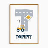 Personalised name print with a large grey road-shaped letter, yellow tractor and Under Construction sign on white.