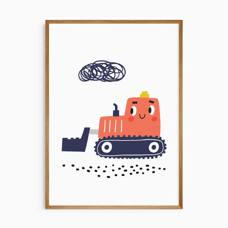 Set of four construction vehicle prints for nursery decor, featuring charming illustrations of a yellow and blue truck, blue and orange crane, orange bulldozer, and yellow and blue excavator.