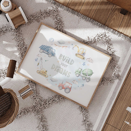 Whimsical nursery print with construction vehicles, clouds, stars, and playful elements. Ideal for inspiring creativity in a child's room.