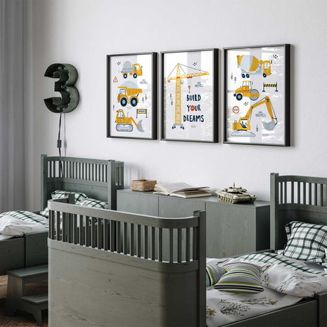 kids building site wall art set featuring crane, excavator and construction trucks