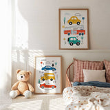 Construction and transport theme wall art set for boys room, colourful digger, truck and car prints.