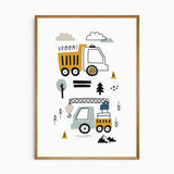 Construction vehicle print showing a mustard dump truck and aqua crane with black details