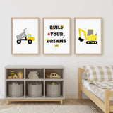 Modern construction truck nursery prints in yellow and black, ideal for toddler boys' rooms