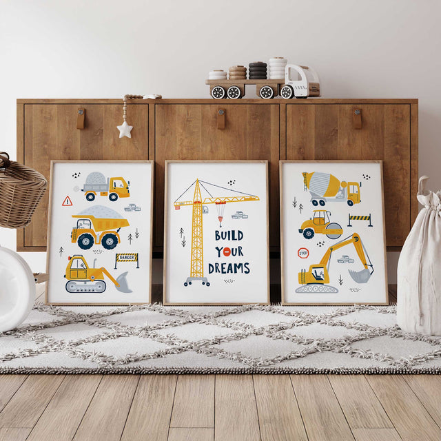 Three piece construction nursery wall art set with digger, crane quote and cement truck prints