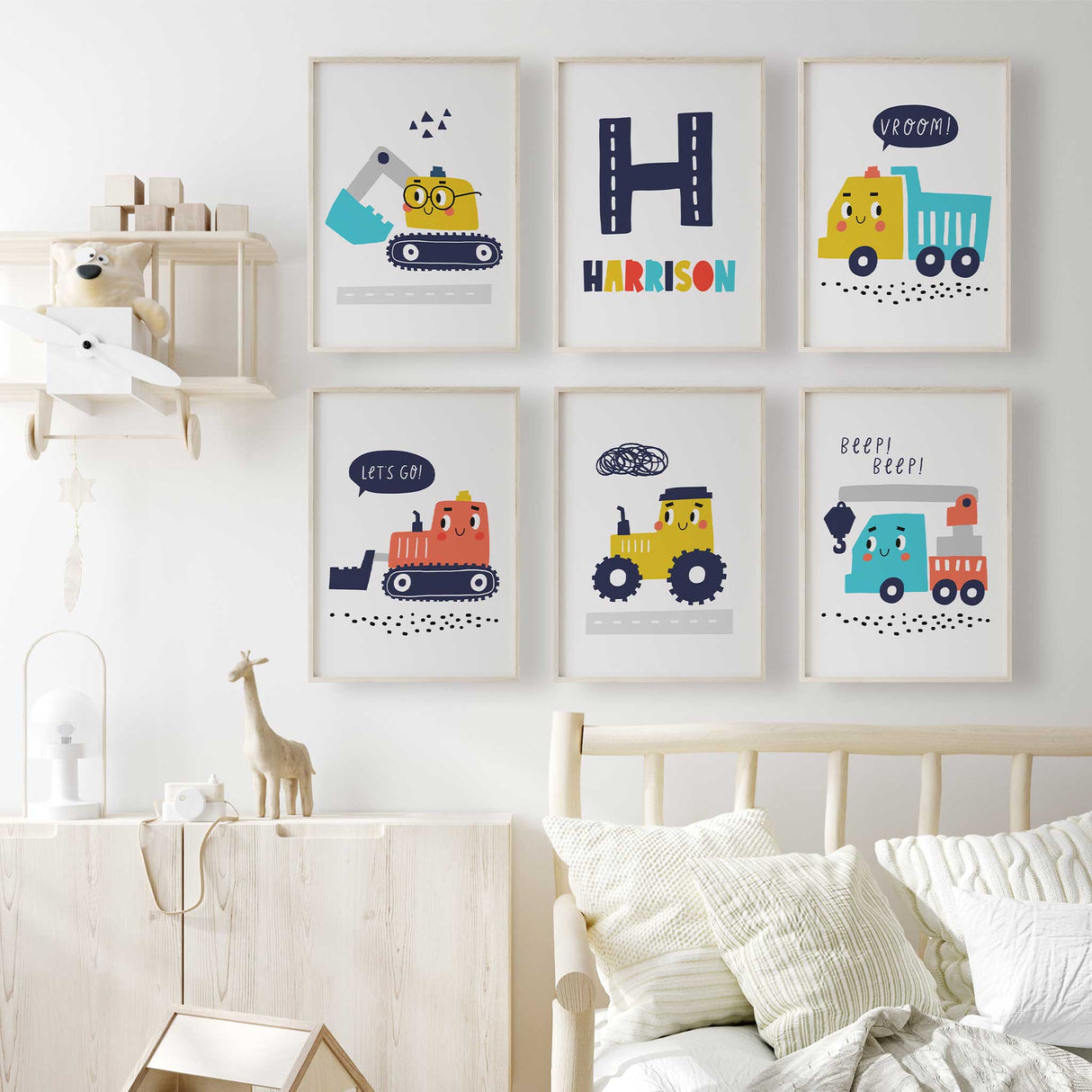 Construction vehicle wall art set for boys bedroom featuring six cheerful illustrated trucks cranes and diggers perfect for nursery or playroom decoration.