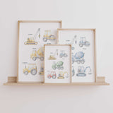 Construction vehicle nursery print featuring crane, digger, roller, mixer, and tractor in blue, yellow, or multi colours, perfect wall art for boys room.