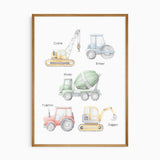 Construction vehicle nursery print featuring digger, crane, roller, mixer, and tractor, perfect boys room or truck-themed wall art.