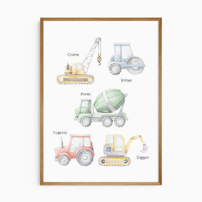 Construction vehicle nursery print featuring digger, crane, roller, mixer, and tractor, perfect boys room or truck-themed wall art.