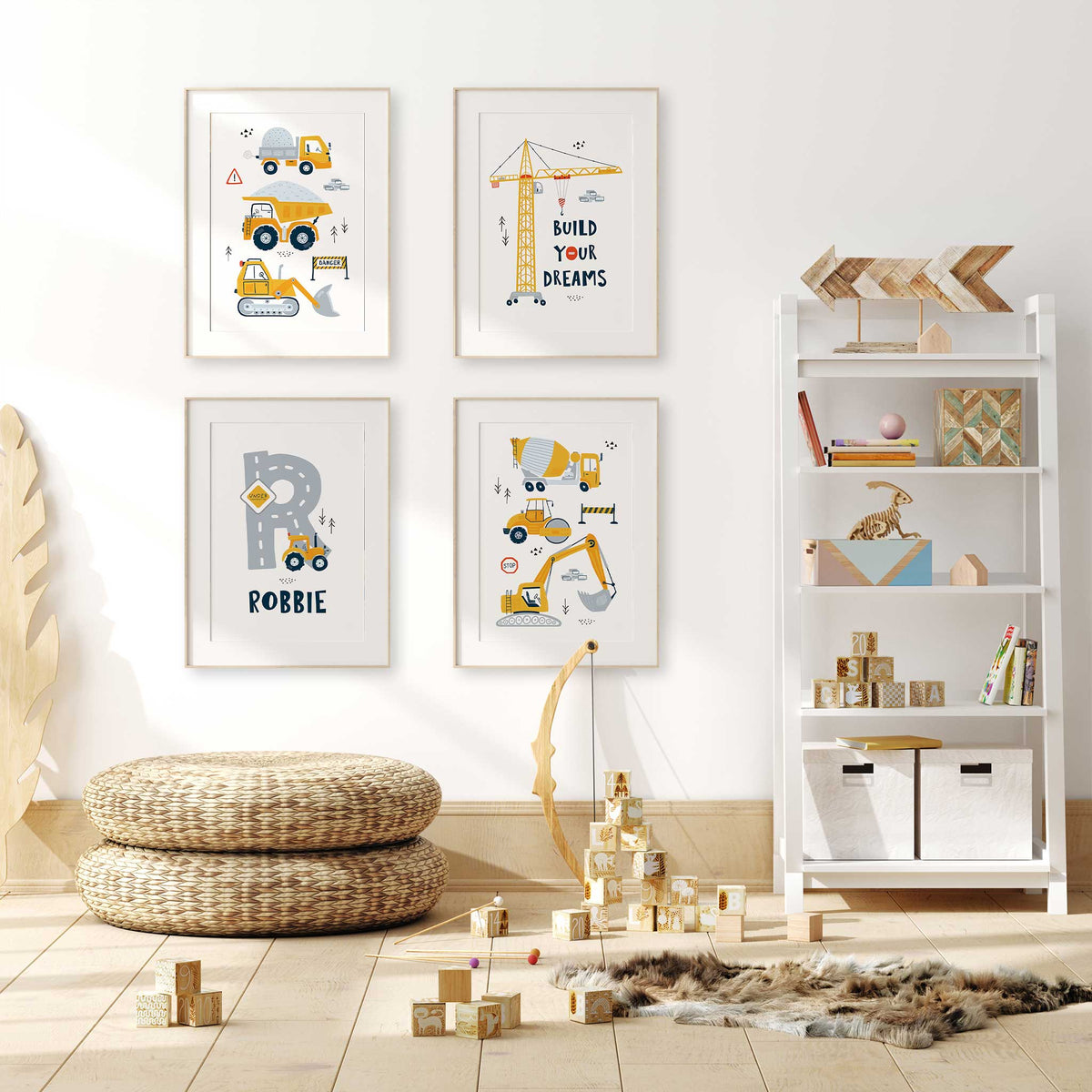 Yellow construction vehicle print set with Build Your Dreams crane artwork and a personalised road initial on white.