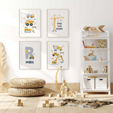 Yellow construction vehicle print set with Build Your Dreams crane artwork and a personalised road initial on white.