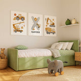 Construction vehicle wall art set with personalised name print for boys bedroom