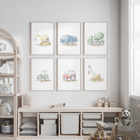 Construction vehicle prints set featuring illustrated digger, dump truck and crane