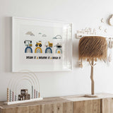 Construction quote print with crane, tractor, dump truck and bulldozer above rainbows and Dream It Believe It Build It.