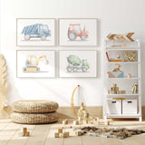 Construction vehicle wall art set with dump truck tractor excavator and cement mixer