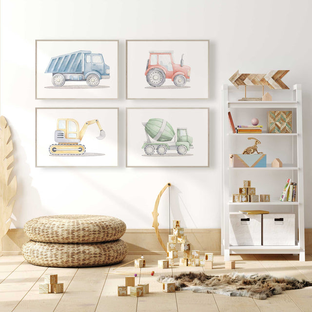 Construction vehicle wall art set with dump truck tractor excavator and cement mixer