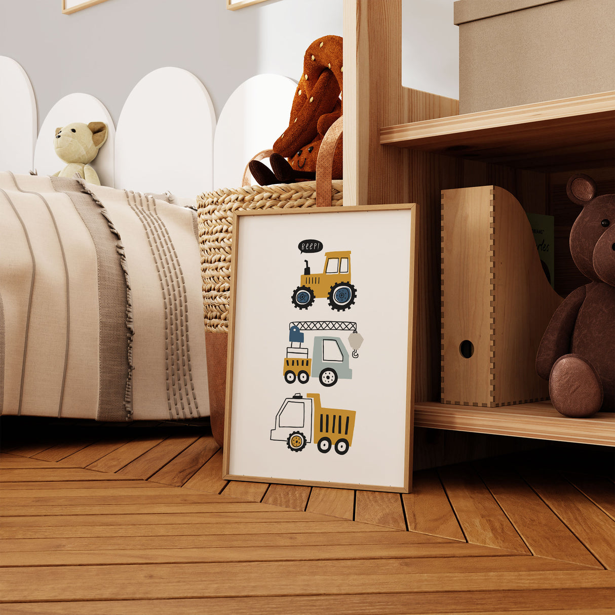 Stacked construction vehicles nursery print featuring a tractor with a Beep speech bubble, a crane truck and a dump truck in mustard, blue and grey tones.