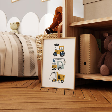 Stacked construction vehicles nursery print featuring a tractor with a Beep speech bubble, a crane truck and a dump truck in mustard, blue and grey tones.