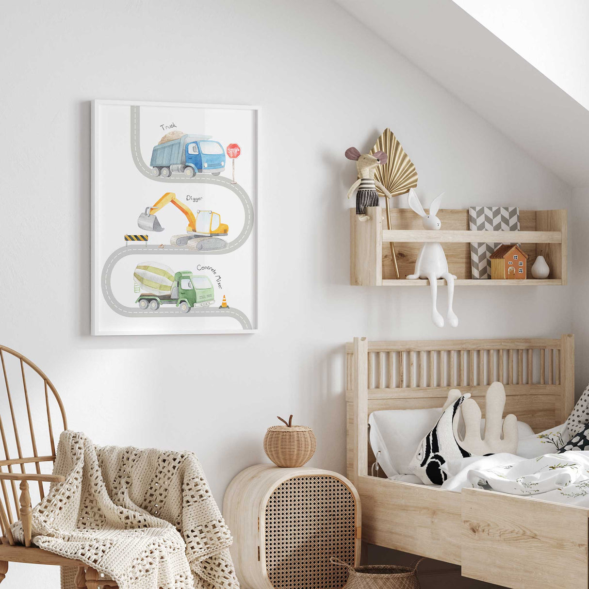 Construction vehicles wall art print for toddler room with labelled truck digger and mixer