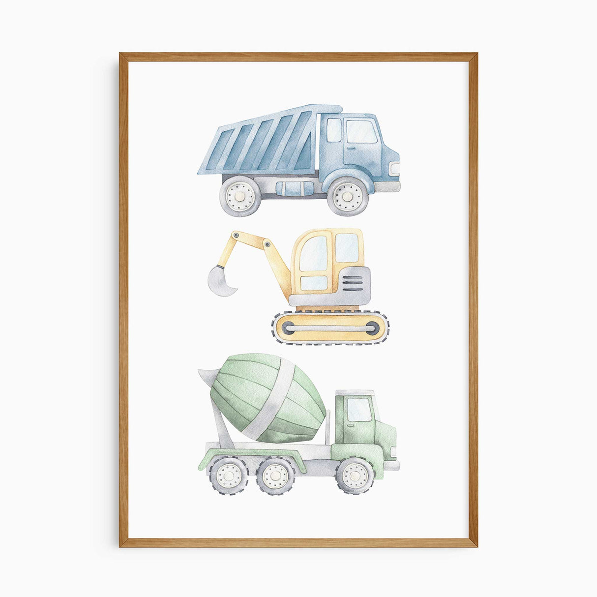 Watercolour construction vehicle multi print with dump truck digger and cement mixer stacked vertically for boys nursery or bedroom wall art décor.