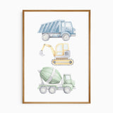 Watercolour construction vehicle multi print with dump truck digger and cement mixer stacked vertically for boys nursery or bedroom wall art décor.