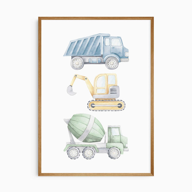 Watercolour construction vehicle multi print with dump truck digger and cement mixer stacked vertically for boys nursery or bedroom wall art décor.