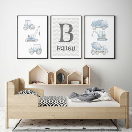 Set of 3 personalised construction vehicle prints in blue for boys nursery