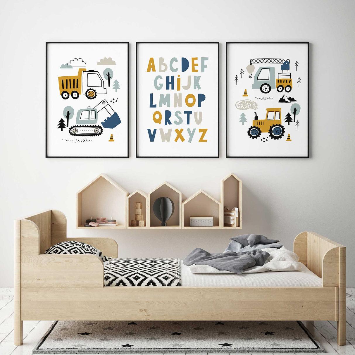 Construction wall art set of three with trucks and alphabet print
