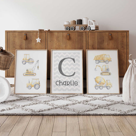 Personalised yellow construction truck nursery prints set of 3