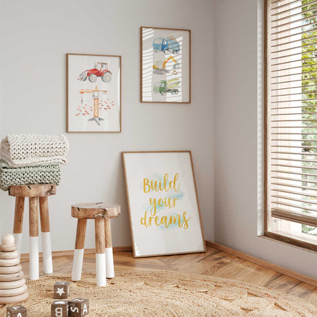 Watercolour truck, digger, cement mixer, and crane prints for boys’ room décor