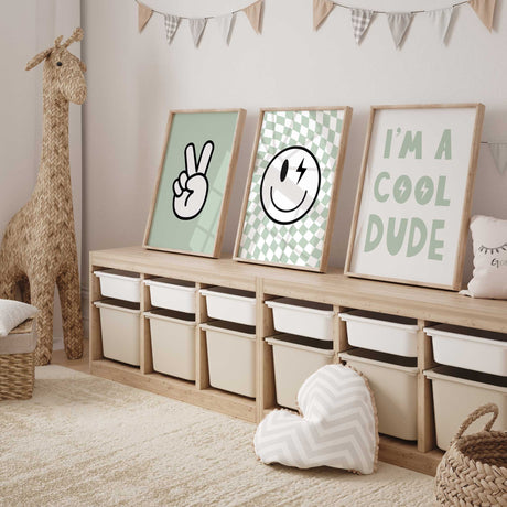 Cool dude wall art print for boys or toddler rooms in sage green with lightning bolt design.