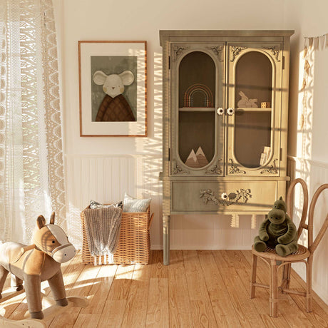 Cosy mouse nursery decor print with a warm brown wrap