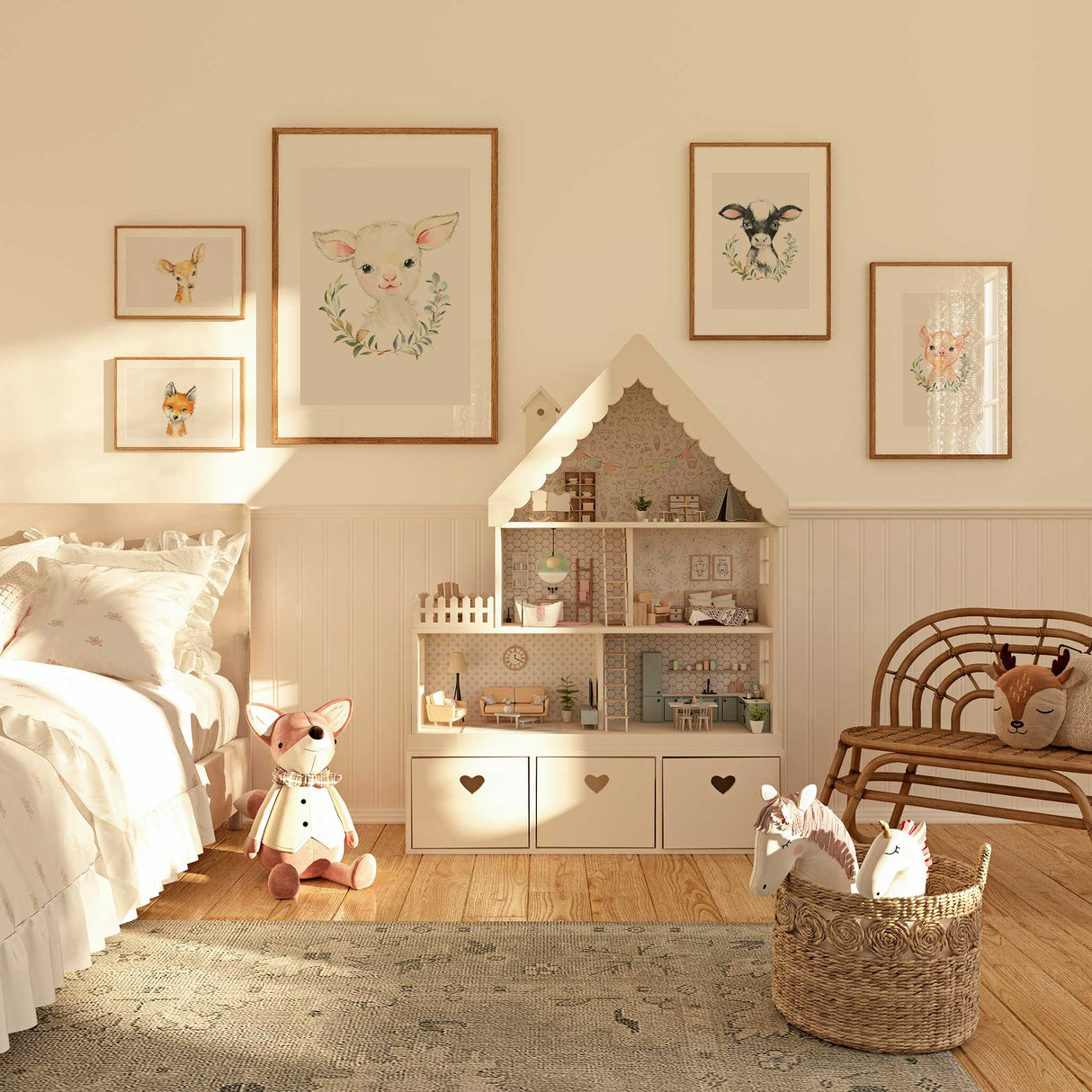 Countryside nursery wall art with gentle baby farm animal portraits
