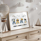 Crane truck, yellow tractor, dump truck and bulldozer on rainbow arches with the quote Dream It Believe It Build It.