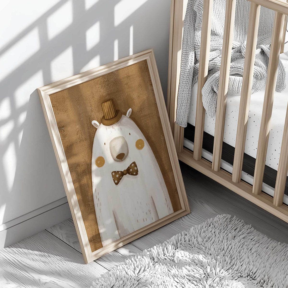 Cream polar bear print showing a striped top hat, brown bow tie, small dark eyes and ochre cheeks against textured brown.