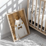 Cream polar bear print showing a striped top hat, brown bow tie, small dark eyes and ochre cheeks against textured brown.
