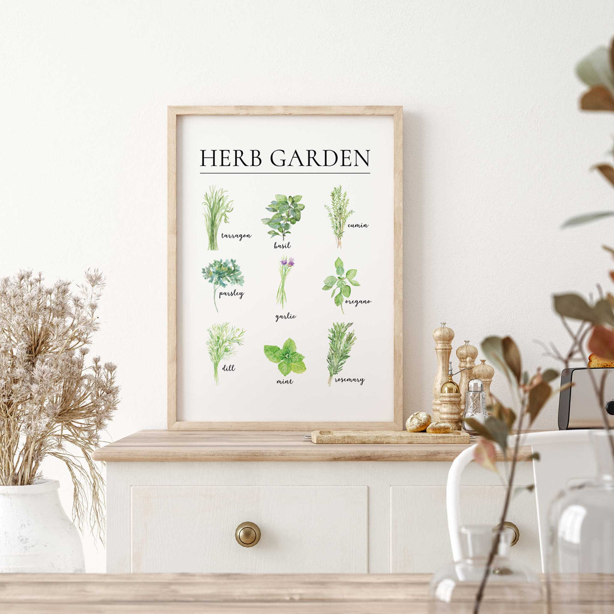 Culinary herb art print with labelled watercolour illustrations of basil rosemary mint oregano parsley and more