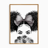 Black ink-style portrait of a girl with double curly buns, detailed eyelashes, a large grey hair bow and grey roses.