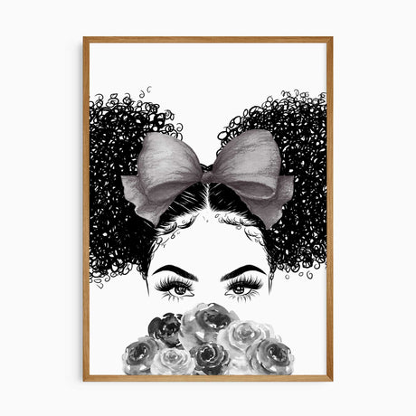 Black ink-style portrait of a girl with double curly buns, detailed eyelashes, a large grey hair bow and grey roses.
