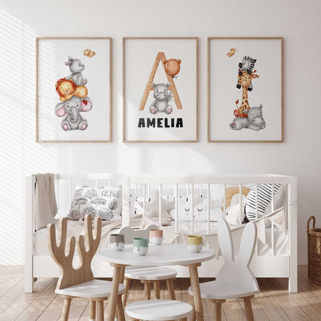 Custom wall art for children's rooms with jungle animals and personalized text