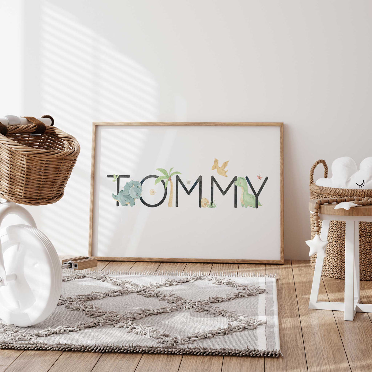 Custom boys nursery wall art with dinosaurs and palm trees in name design