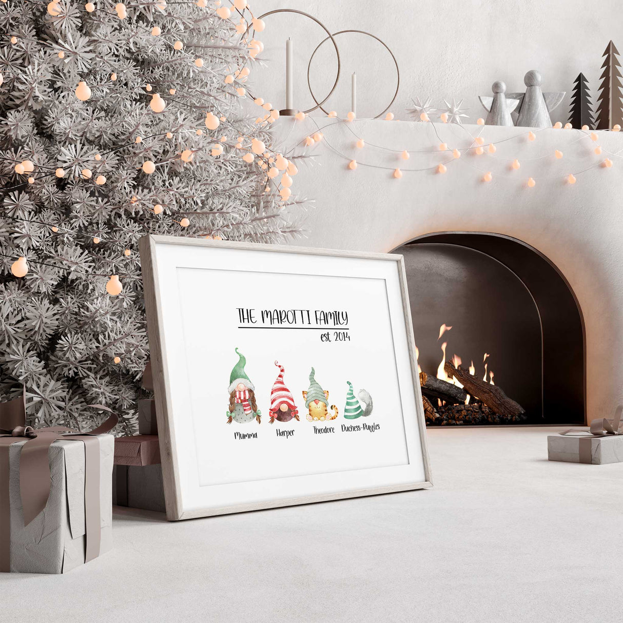 Custom family wall art featuring gnomes and pets with family name and year established