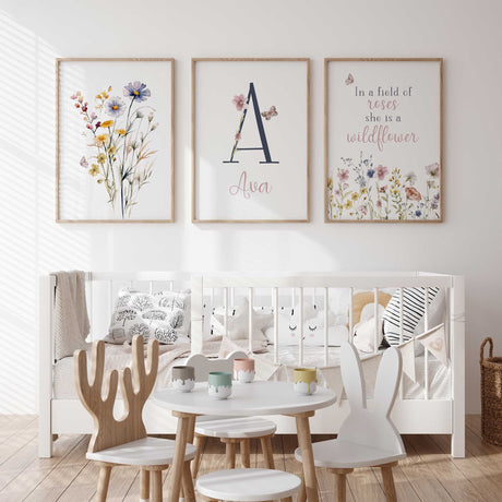Custom floral wall art for girls room with name and wildflowers