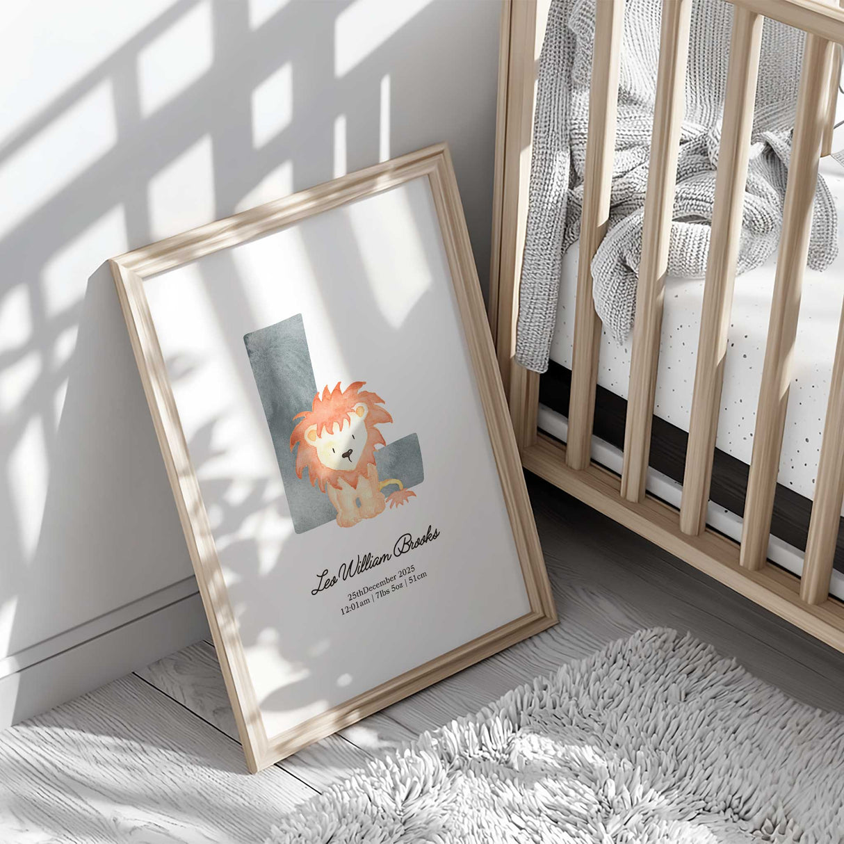 Custom initial animal birth print for nursery with personalised name and baby details