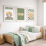 custom monster truck boys wall art set in green race theme with personalised name print for kids bedroom decor
