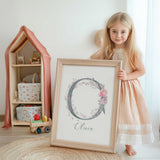 Custom name initial print featuring soft watercolour florals for girls bedroom or nursery wall décor.