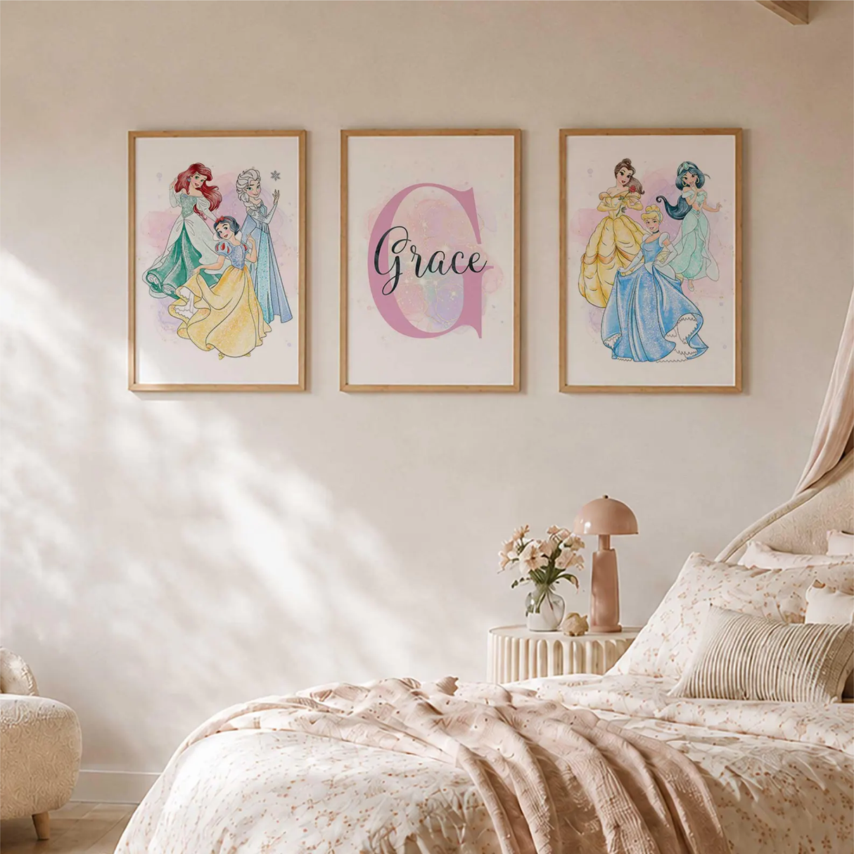 Set of three princess bedroom prints combining colourful fairy tale characters with a personalised name and initial design.