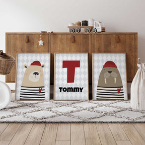 Personalised nautical nursery print featuring child's initial and name.