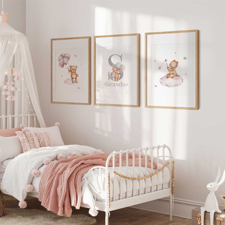 Custom name teddy bear nursery print set for a soft baby girl bedroom